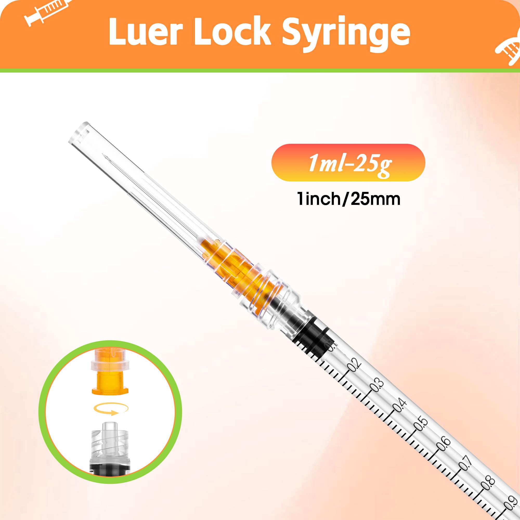 Disposable 1mL Luer Lock Syringe 25G 1 inch for Scientific Lab Use, Individually Wrapped, Box of 100 — Amazon image 2