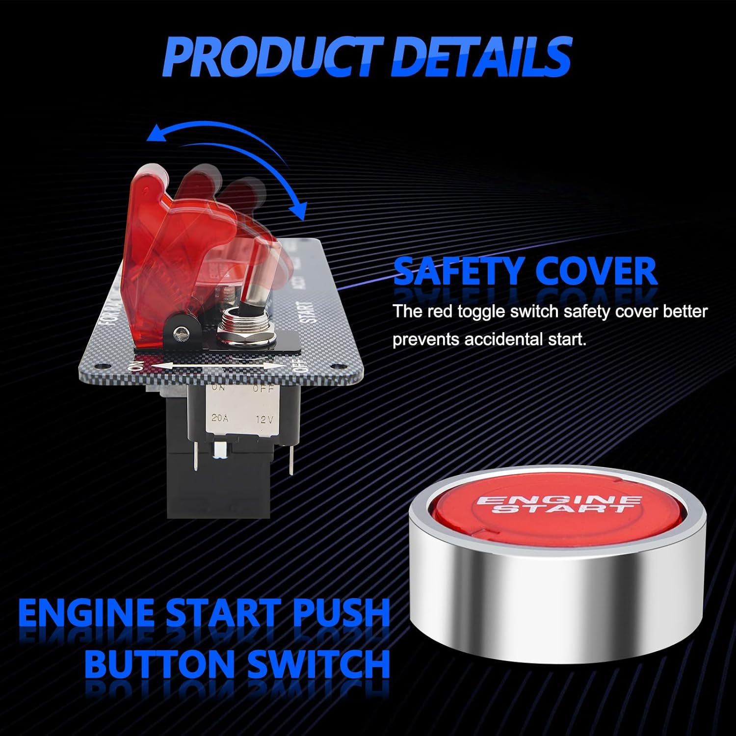 Geloo Ignition Switch Panel 12V Racing Car Engine Start Push Button Switch Panel Carbon Fiber LED Toggle Switches for Race Car RV Truck 5 in 1