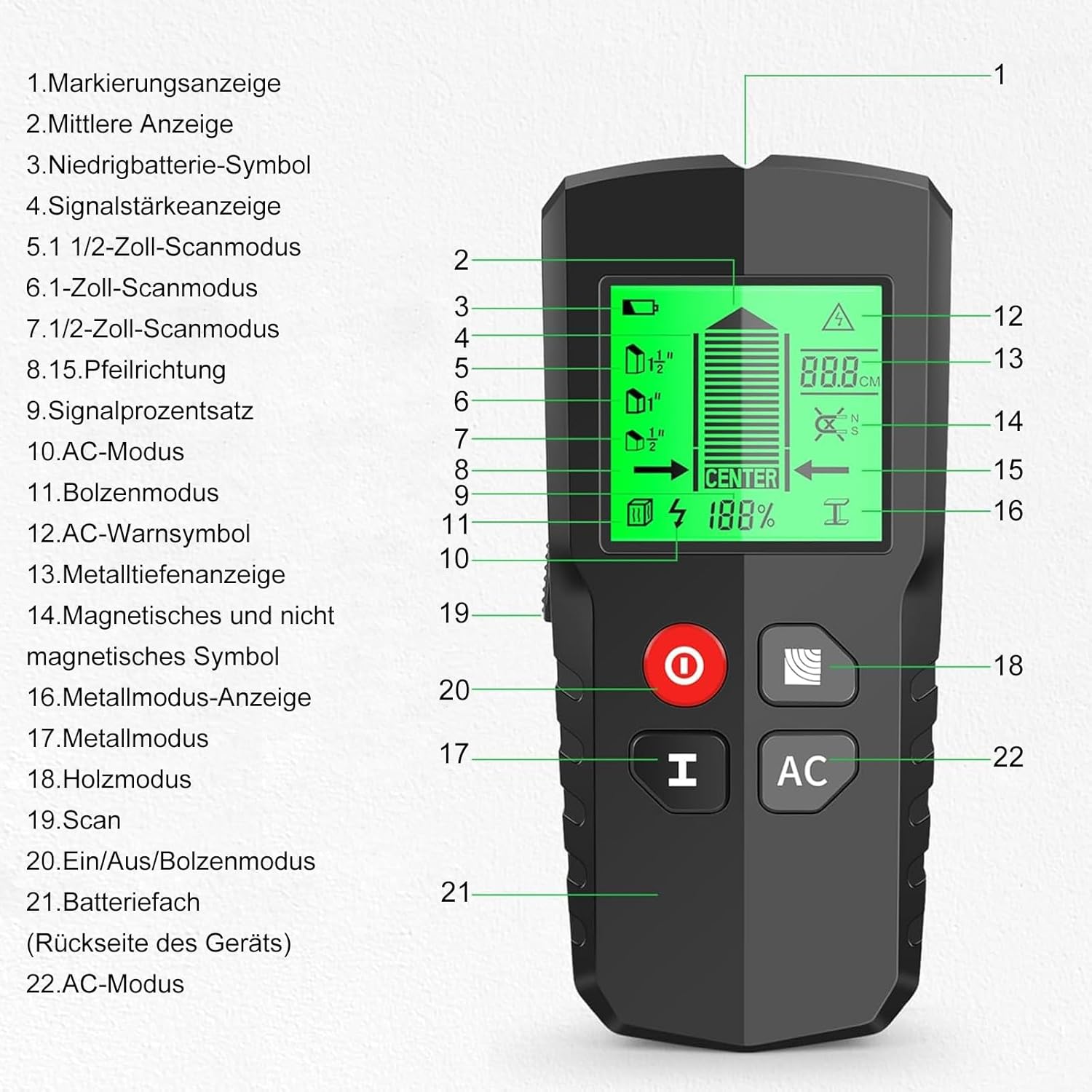 Diagram showing detection depths for different modes: Wood Mode 1/2 (13mm), Wood Mode 1 (25mm), Wood Mode 1 1/2 (38mm), Metal Mode (80mm), AC Mode (51mm).