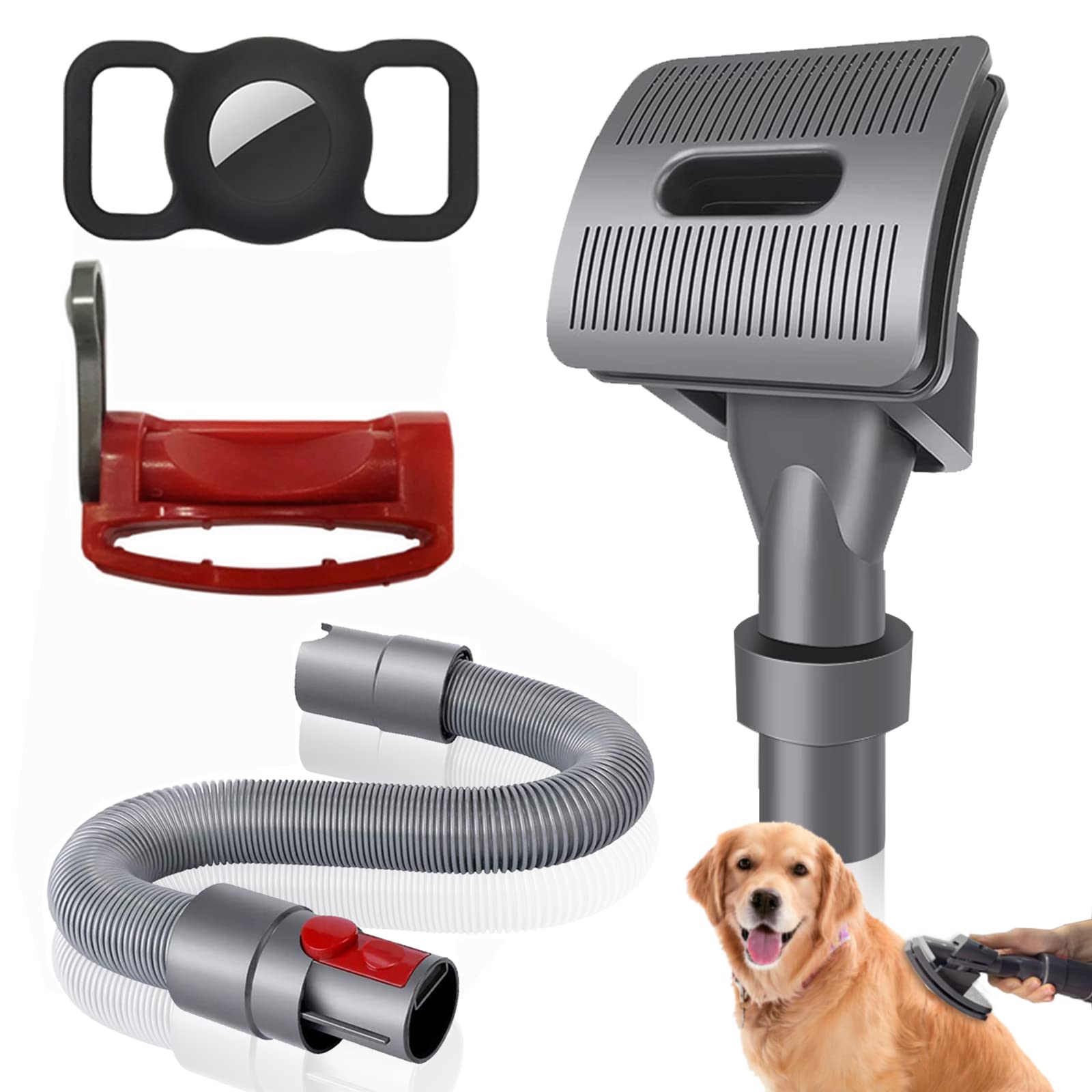 4 Pcs Groom Tool Attachments Brush Compatible with Dyson V7 V8 V10 V11 V12 V15 DC62 DC65 Vacuum Cleaners, Pet Dog Grooming Brush, Airtag Dog Collar Holder, Trigger Lock, 24" Extension Hose