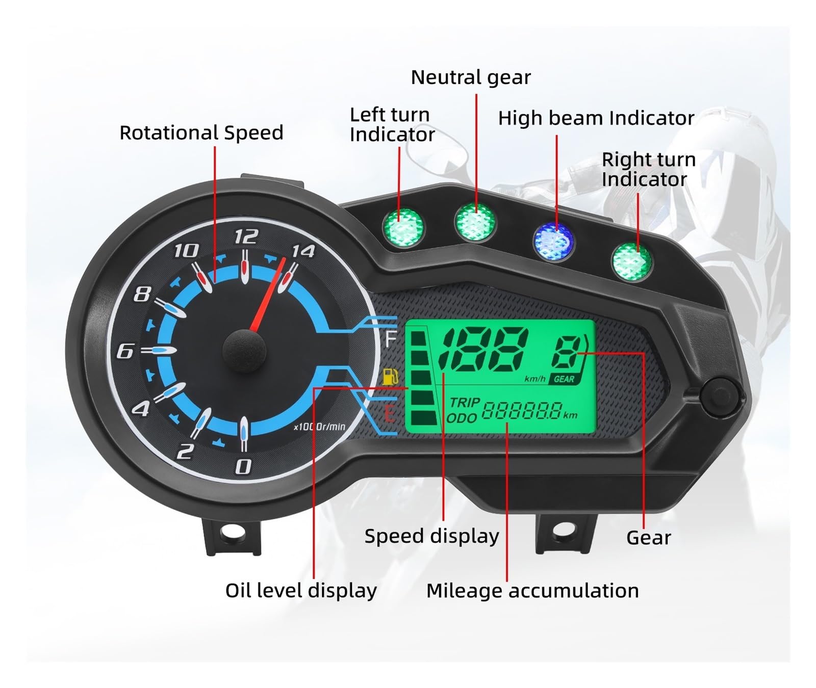 Moto tacómetro Digital Medidor Velocímetro, Tacómetro Y Medidor De Panel Instrumentos para Motocicletas 1, 2 4 Cilindros, Odómetro, Pantalla Total, Accesorio para Tablero