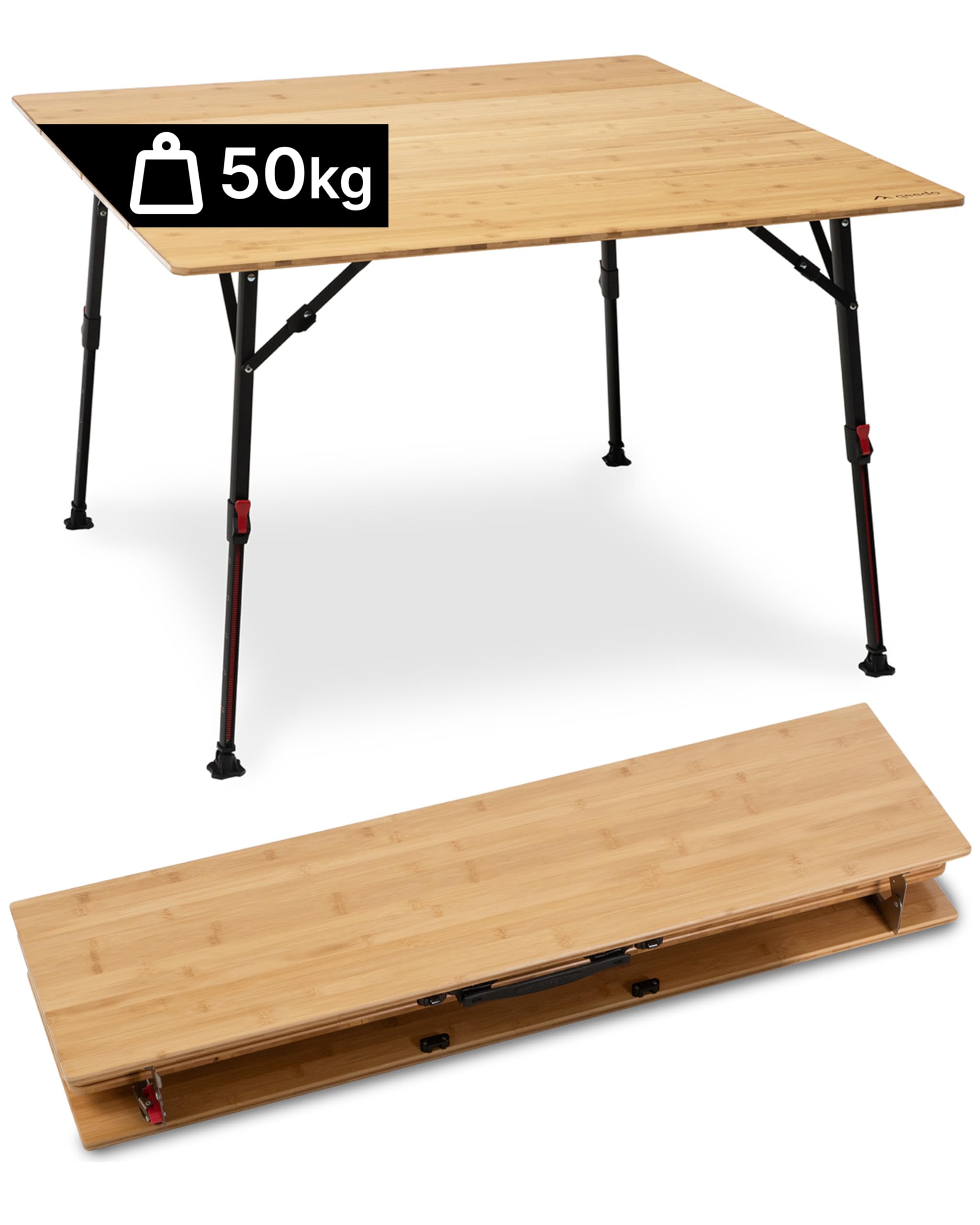 qeedo Quick Kimmy L Campingtisch 110 x 110 cm - klappbarer Bambus Tisch höhenverstellbar 43 bis 70 cm