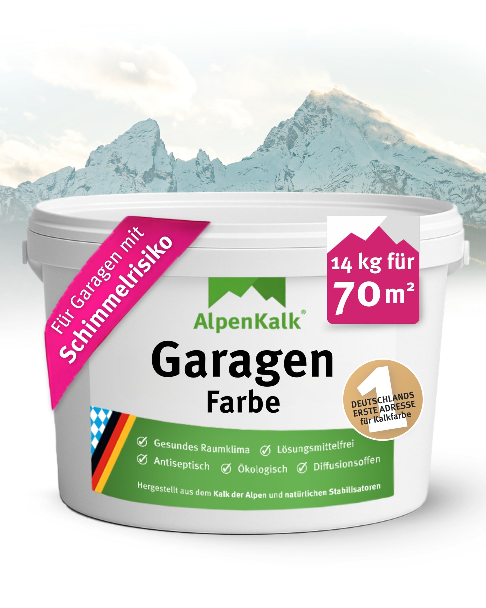 Weiße Garagenfarbe I 14 kg für ca. 70m² I Hochdeckende & wischfeste Kalkfarbe für Garagen I Atmungsaktiv & Anti-Schimmel Formel für ein natürliches Raumklima I Wandfarbe