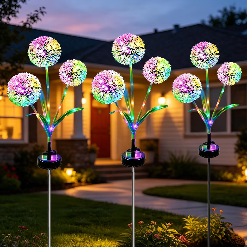 KUWUNG Solar Lights Outdoor Garden, 3 Pack Dandelion RGB with 16 Colourful LEDs Light Dandelion Waterproof Solar Garden Ornaments, Solar Lights for Yard, Pathway, Lawn, Landscape Decoration Gardening