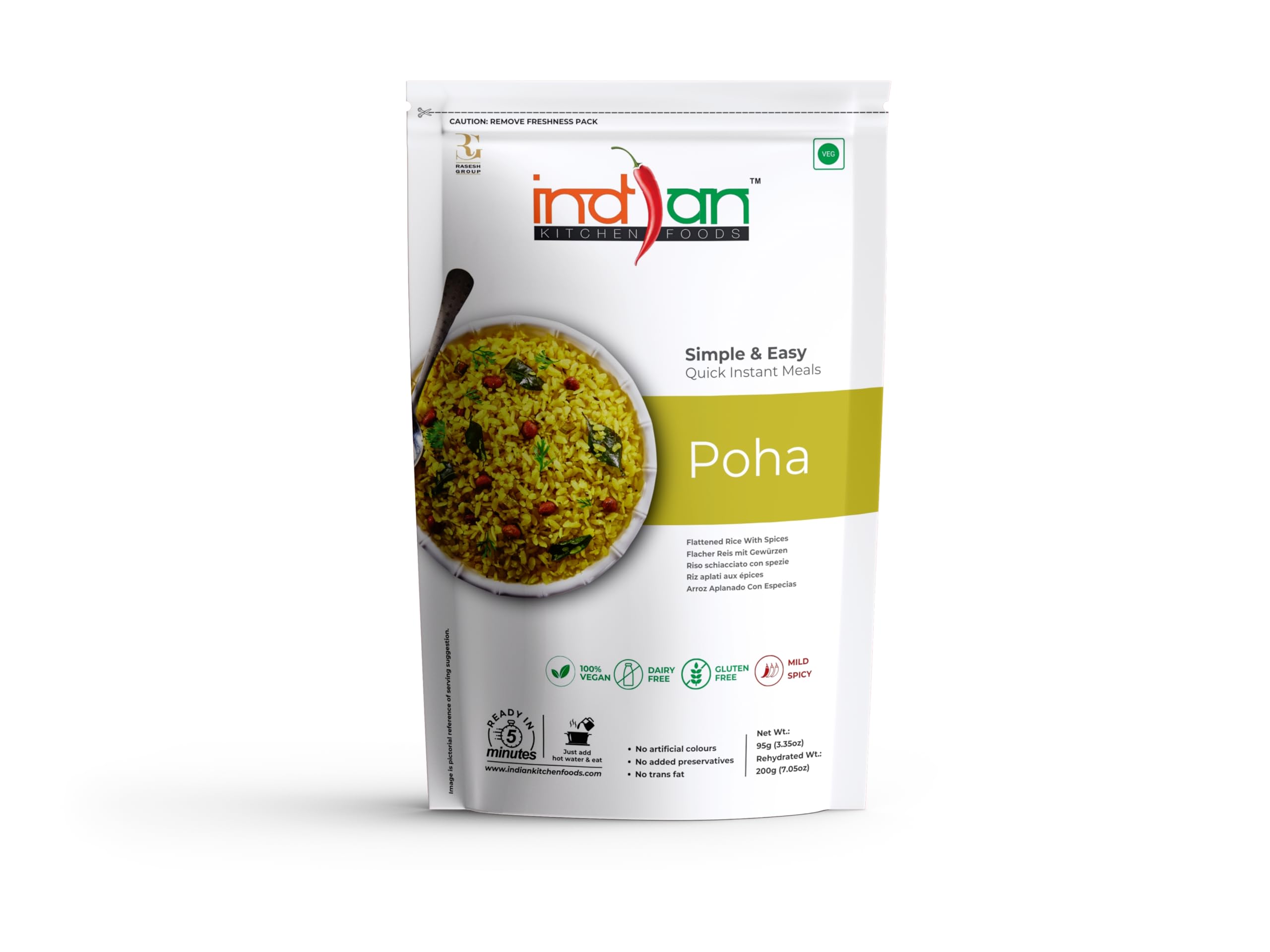Indian Kitchen Foods Instant Poha - Freeze Dried, Gluten-Free, Ready-to-Eat Indian Vegan Meal