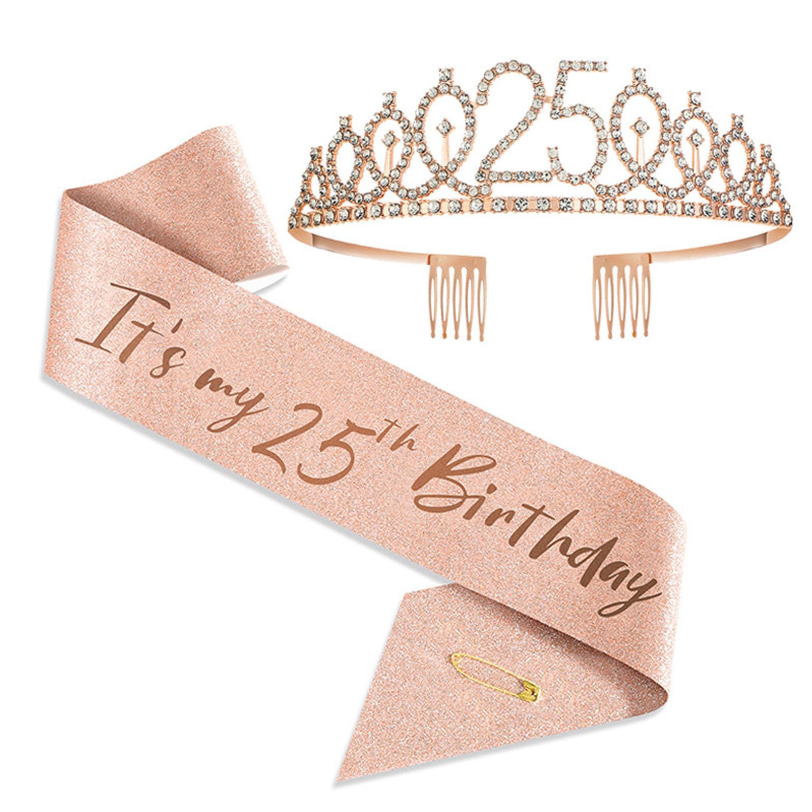 JOUWUI 25st Birthday Crystal Tiara and Sash, 25th Rose Gold Rhinestone Crowns and Sash for Women, 25th Birthday Decorations for Her