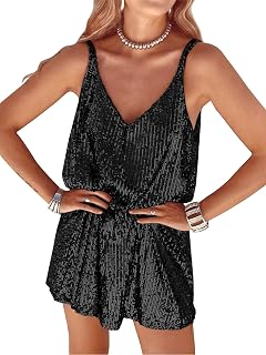 MIYIEONZ Women's Sequin V-Neck Shift Dress - Sparkly Sleeveless Flowy Party Club Night Out Mini Dress