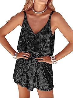 Women Sequin Sexy V Neck Shift Dress Sparkly Glitter Sleeveless Short Flowy Loose Party Night Out Club Dress