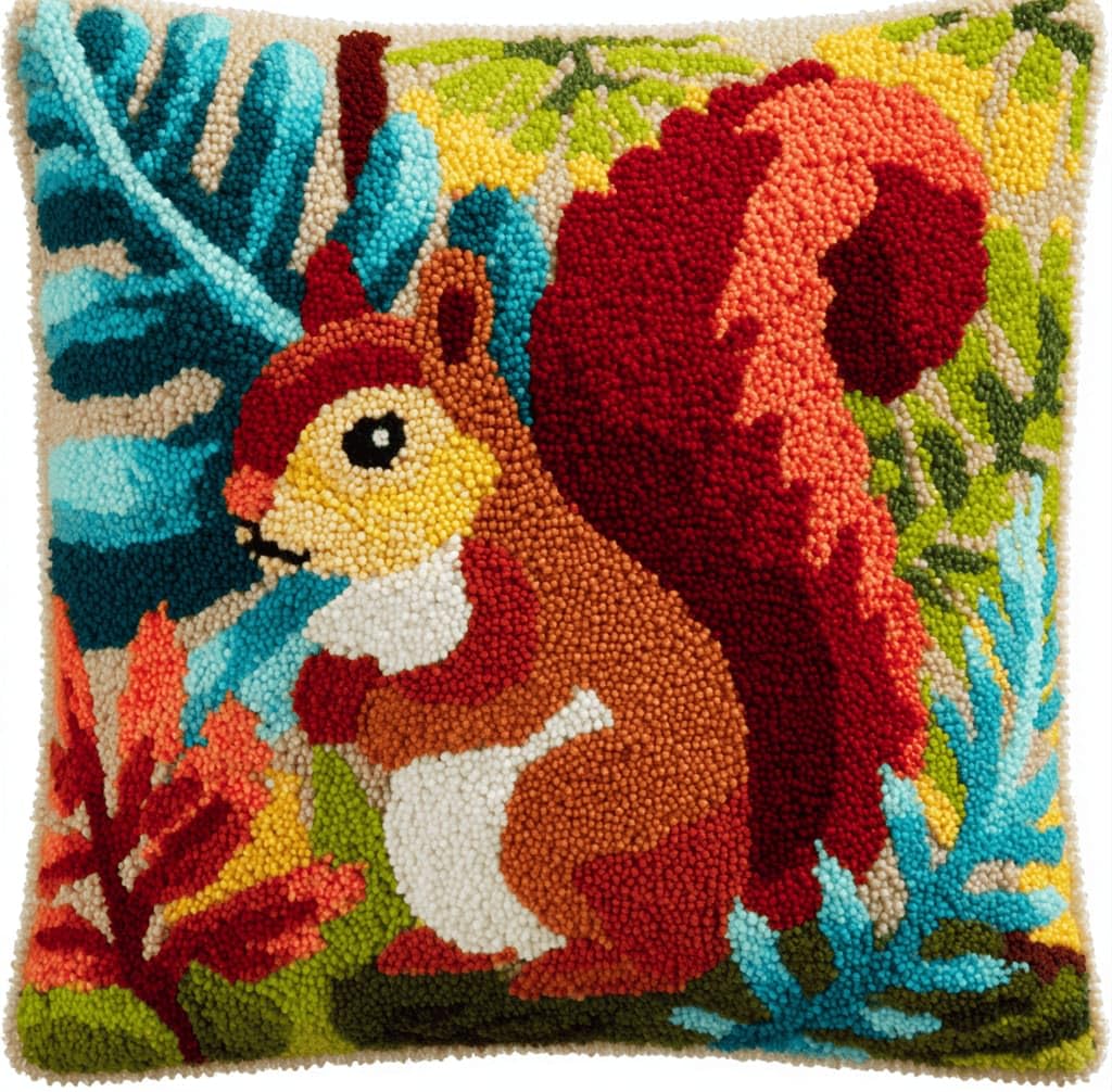 Kitquiver Latch Hook Rug Kits for Adults Jungle Squirrel DIY Latch Hook Cushion Cross-Stitch Embroidery Cushion Cover for Home Sofa Decoration 17X17 in.