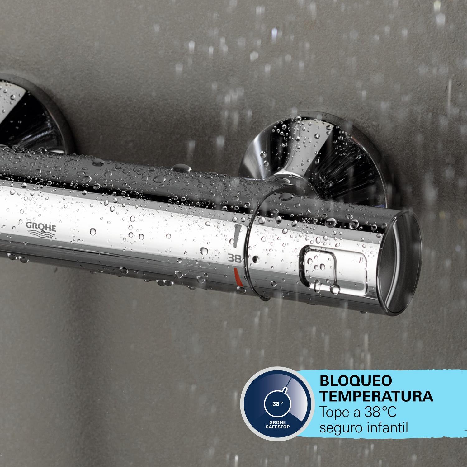 GROHE Vitalio 250 - Columna de ducha con grifo termostatico (ducha de lluvia con termostato, brazo giratorio, bloqueo a 38°C, sistema antical), redondo, cromo, 26677001