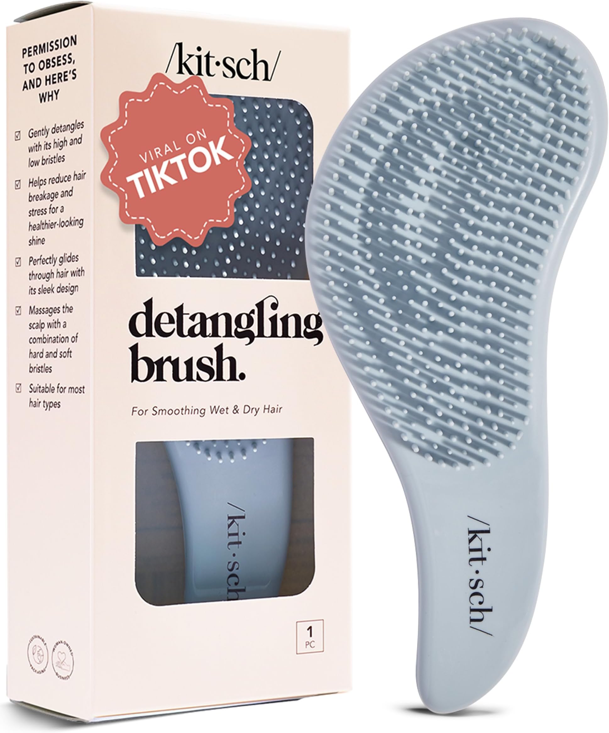 Kitsch Detangle Hair Brush – Gentle Curly Hair Brush with Flexible Bristles for All Hair Types - Wet or Dry | Detangling Hairbrush for Women & Men, Adults & Kids - Haze Blue