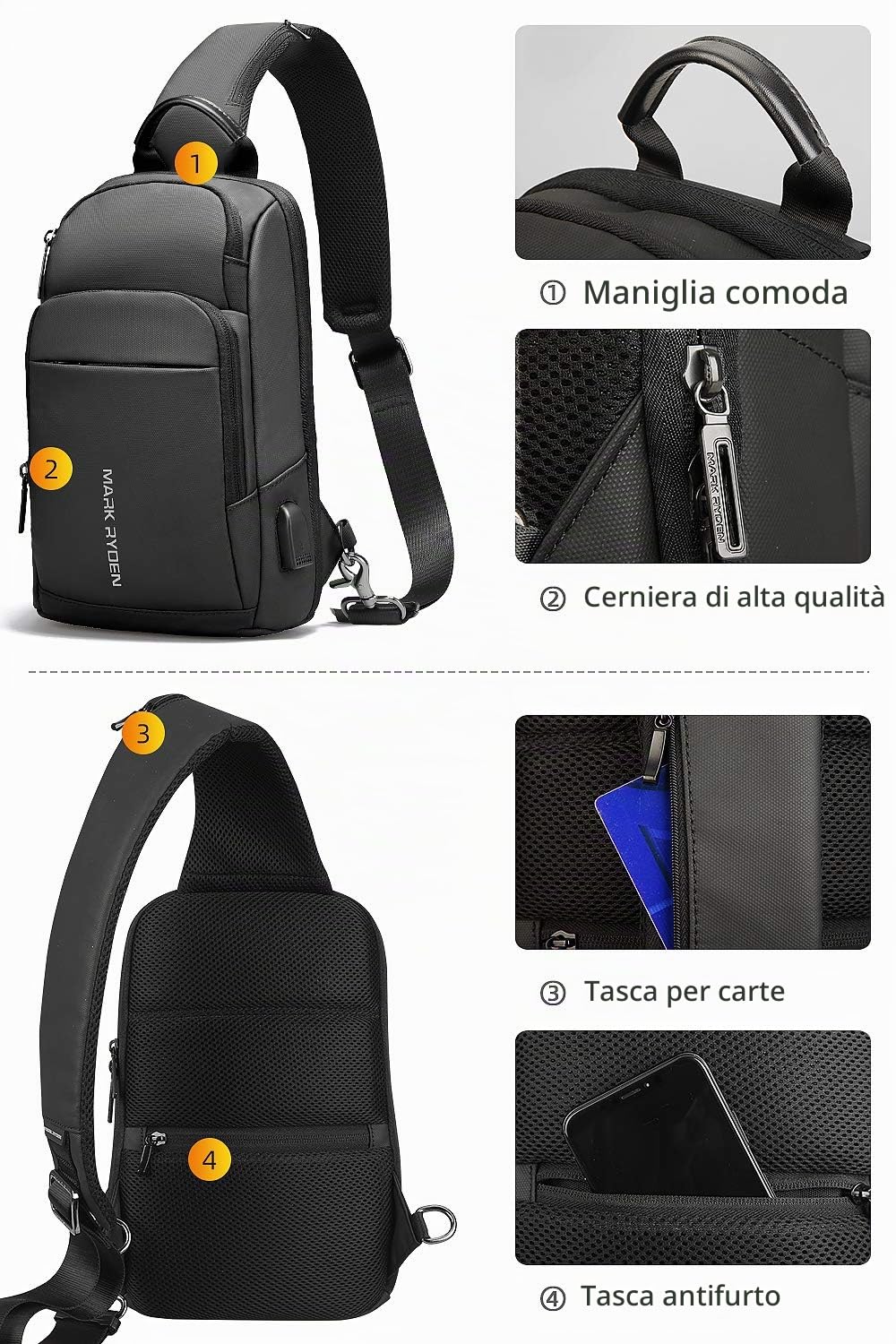 MARK RYDEN Borsa a tracolla antifurto Zaino a tracolla petto a tracolla Zaino leggero casual impermeabile per iPad da 9,7 pollici