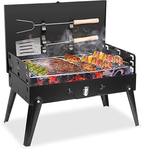 KOCASO Parrilla de carbón portátil, pequeña parrilla de barbacoa al aire libre con accesorios de barbacoa, parrilla de camping plegable para cocinar