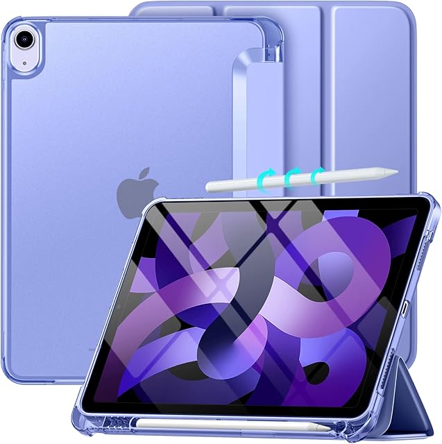 Maledan Case for iPad Air 2022/2020 10.9 inch, iPad Air 5th Generation Case with Pencil Holder, [Support 2nd Gen Apple Pencil Charging] Translucent Frosted Back Smart Cover, Auto Wake/Sleep, Lavender