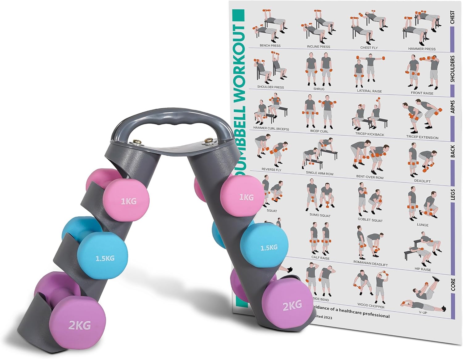 Neoprene Dumbbell Weights Set with Multi Positional Exercise and Carry Bracket, Home Gym, Training Workout for Fitness, Strength, Muscle, Sure Grip, Anti Roll Men, Women 9/12Kg Fitness Chart