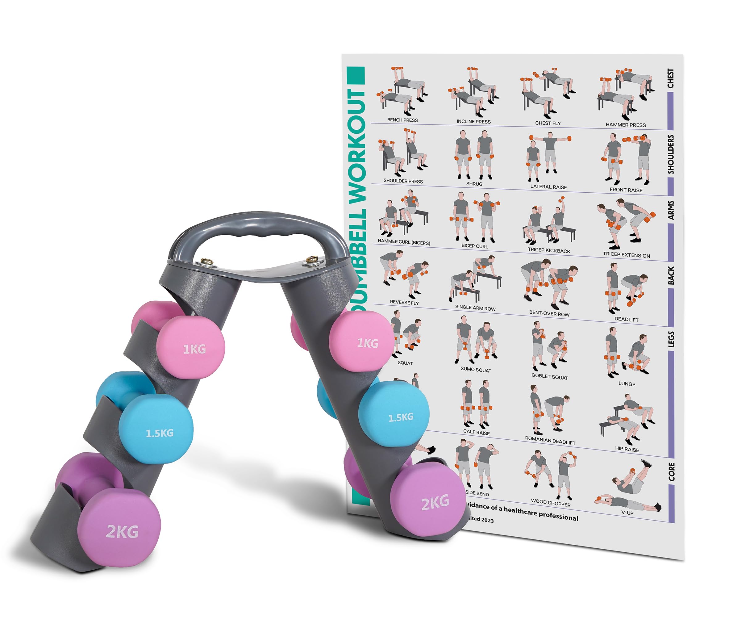 Bestfor Neoprene Dumbbell Weights Set with Multi Positional Exercise and Carry Bracket, Home Gym, Training Workout for Fitness, Strength, Muscle, Sure Grip, Anti Roll Men, Women 9/12Kg Fitness Chart