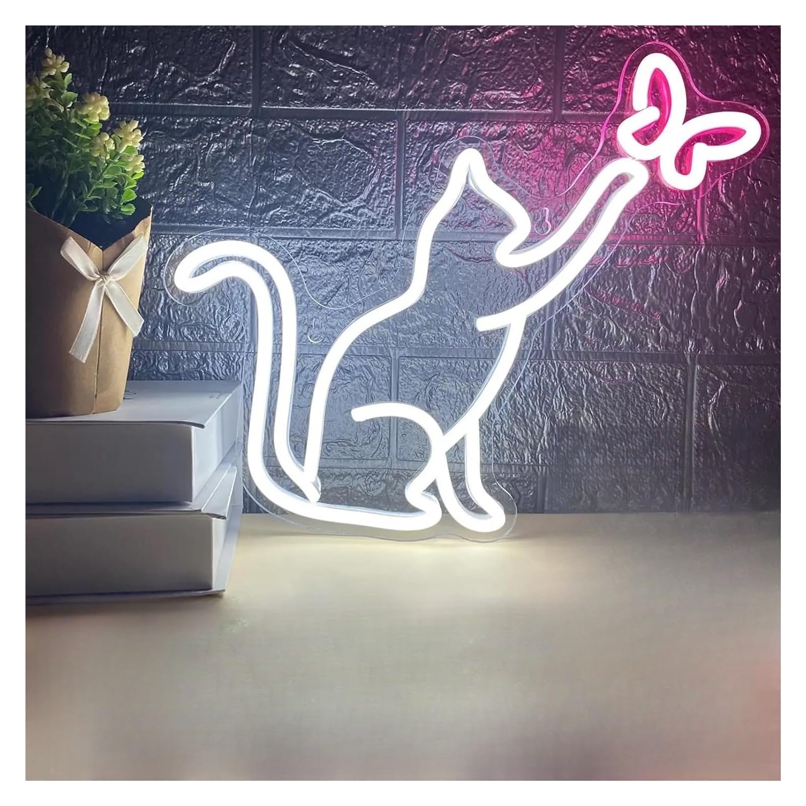 XENITE Luces Art Decoration Christmas Letreros De Neón Con Diseño De Gato Y Mariposa, Con Alimentación USB, Para Pared, Decoración Del Hogar, Lámpara Colgante Para Sala De Estar 29.5cmx33cm