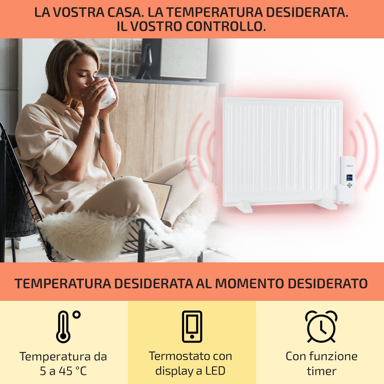oneConcept Stufa Elettrica Basso Consumo, Termosifone Elettrico Silenzioso da 600W da Muro, Radiatore ad Olio Indipendente e Portatile Smart, Termosifone ad Olio con Touch Control e Termostato
