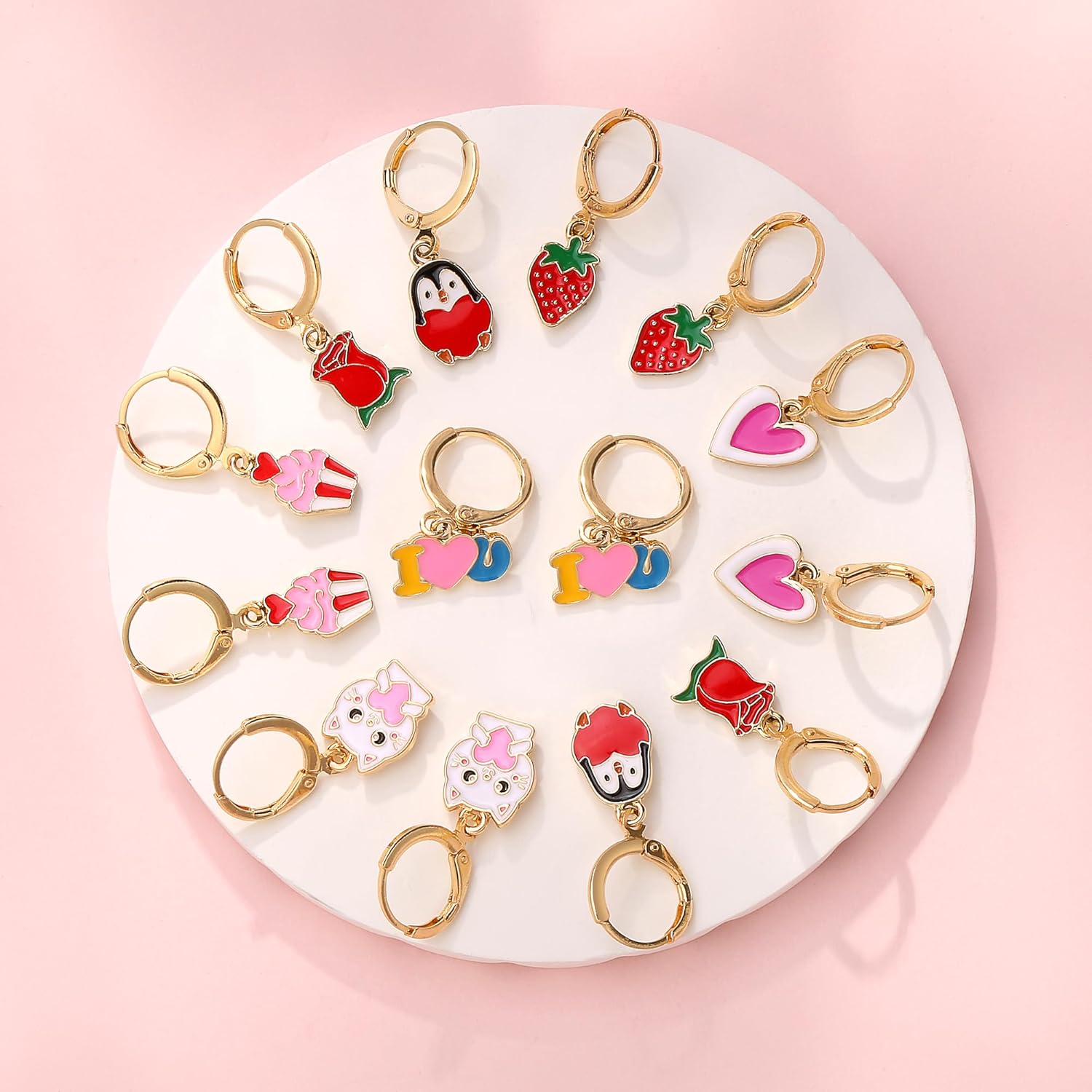 16 Pairs Hypoallergenic Valentine's Day Themed Hoop Earrings for Girls Teens Valentines Day Pink Love Heart Small Hoop Dangle Earrings Set for Women Cute Valentines Day Jewelry for Kids Little Girls - Image 3