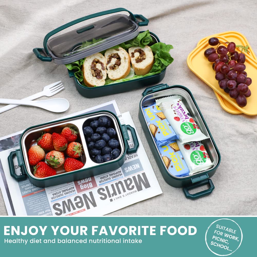 Bugucat Bento Box 1700ML, 3 in 1 Boite Bento Acier Inoxydable Lunch Box Boîte à Repas en Plastique pour Enfant Adulte, Bento Boîte à Déjeuner Sécurité Anti-Fuite Écologique Hermétique Boîtes Bento