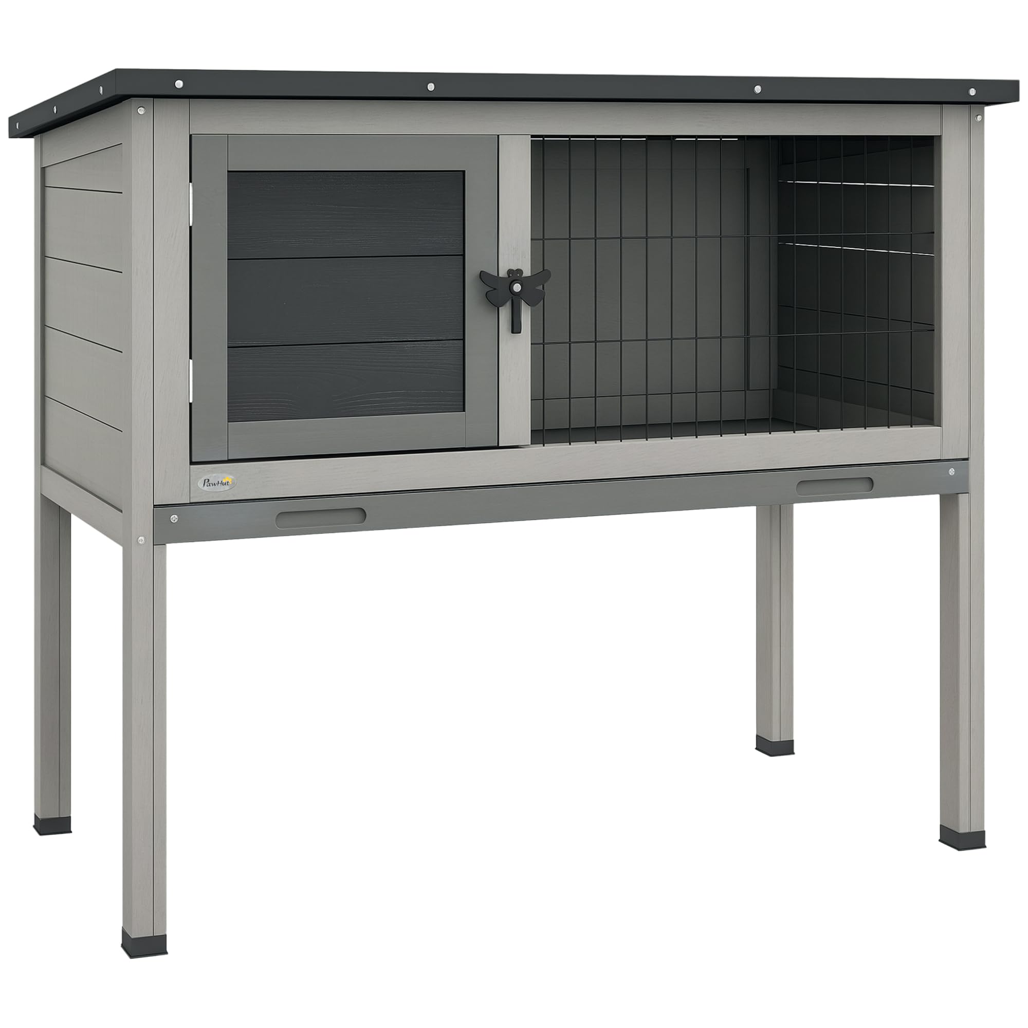PawHut Conejera de Madera de Abeto Caseta Exterior Refugio para Animales Pequeños Conejos Cobayas con Techo Asfáltico y Bandeja Extraíble 84x43x70 cm Gris y Negro