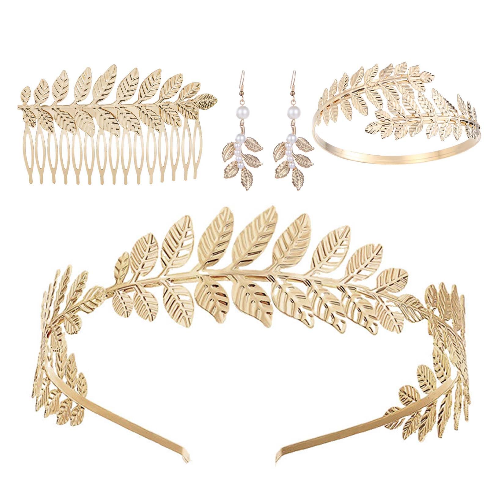 5 Pieces Women's Jewellery Set Necklace and Earrings, Costume Greek Goddess Women, Roman Laurel Leaves Crown Tiara Hair Comb Bangles Upper Arm Earrings Gold Wedding Party, Stainless Steel, No