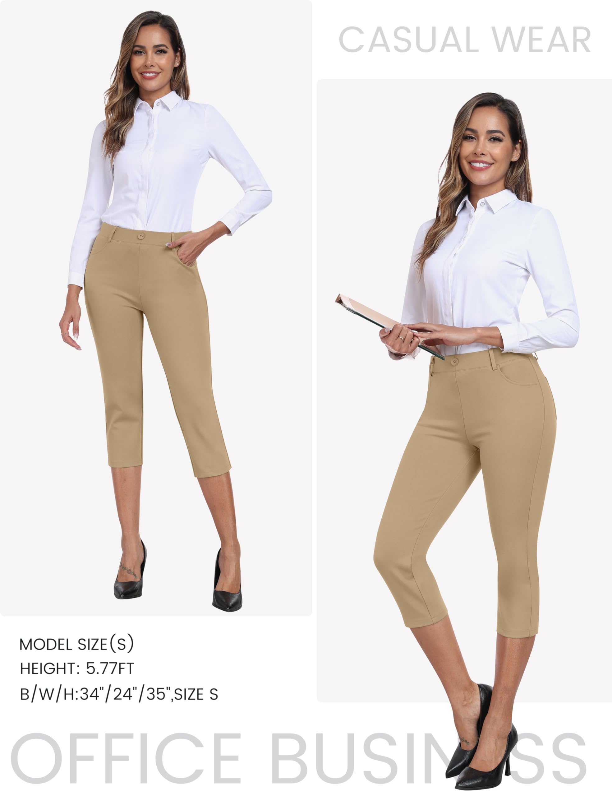 Pantalones de Capri para Mujer Cintura Alta Oficina Trabajo Negocios Casual Yoga Leggings Verano Pantalones con Bolsillos