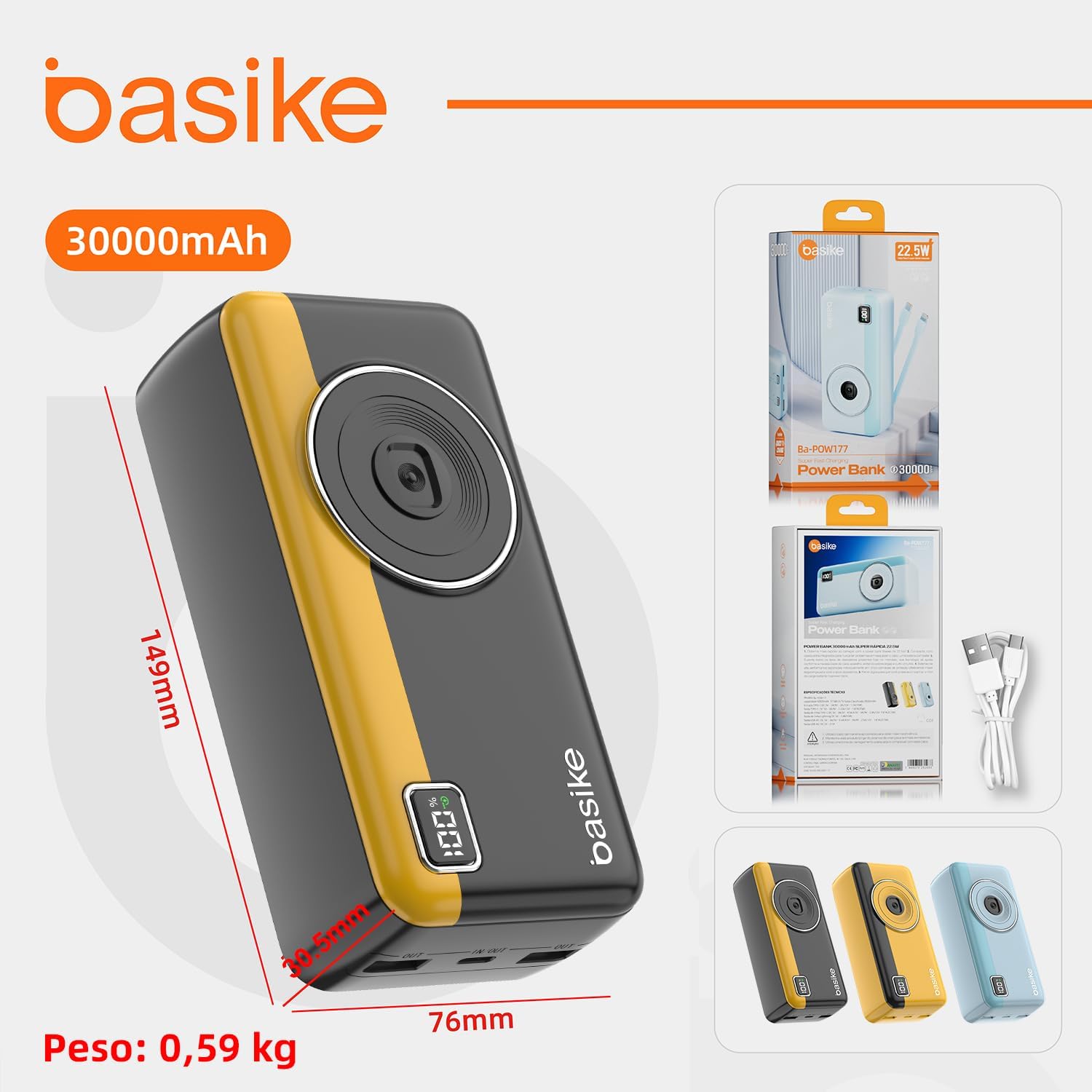 Power Bank 30000mAh, Basike Carregador Portátil 2 Saídas USB-A(até 22.5W) + Tipo-C(até 22.5W) com Cabo, Carregamento Rápido, Led Indicador de Bateria Proteção Inteligente (Preto)