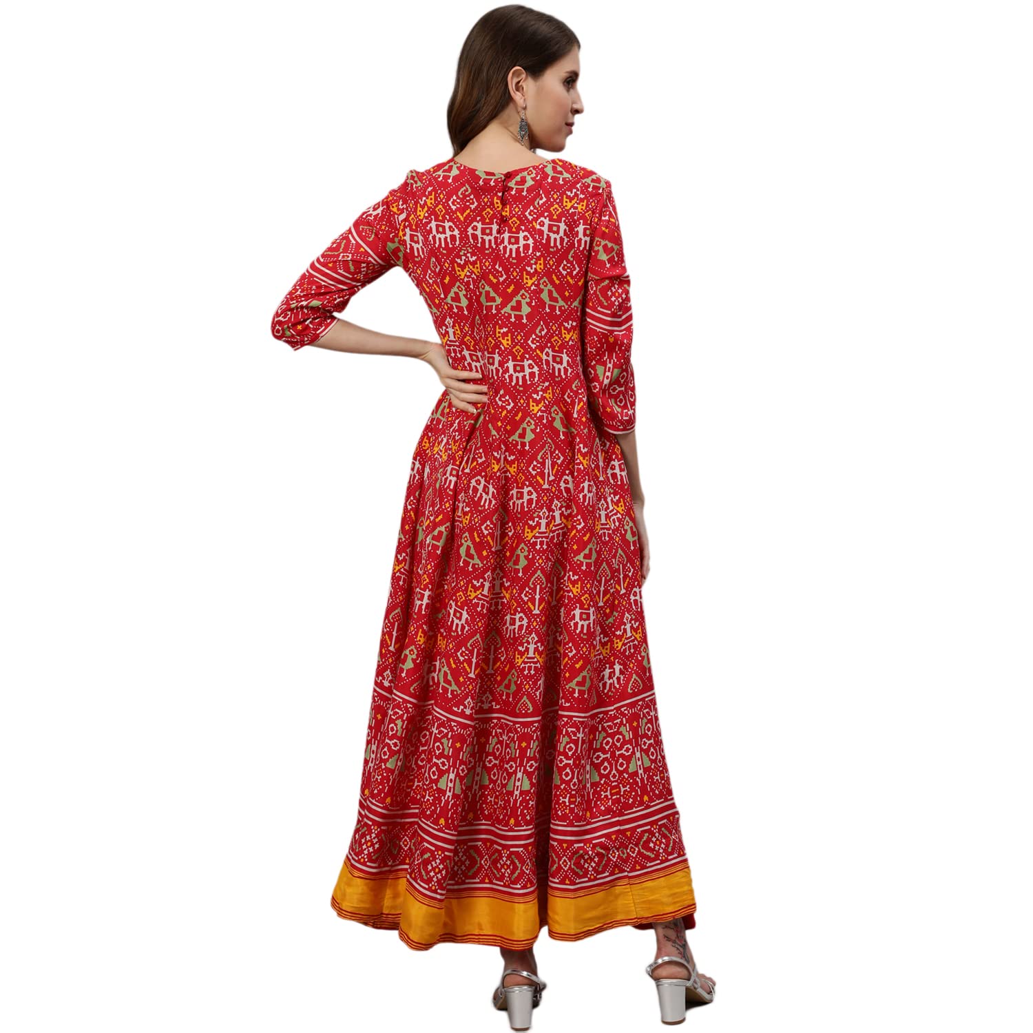 Ishin Women's Red Patola Panelled Anarkali Kurta