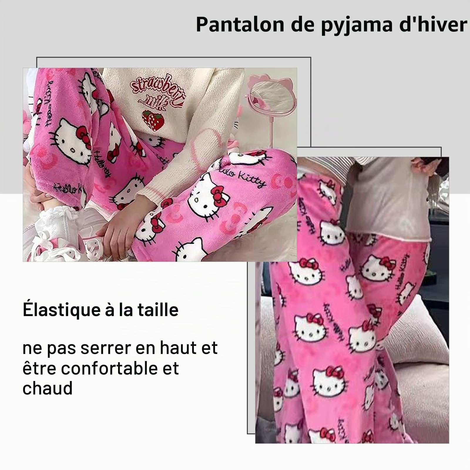 Pantalon de pyjama Kitty Flanelle douce Kawaii Pyjama Anime Confortable Dessin animé Décontracté Automne-hiver