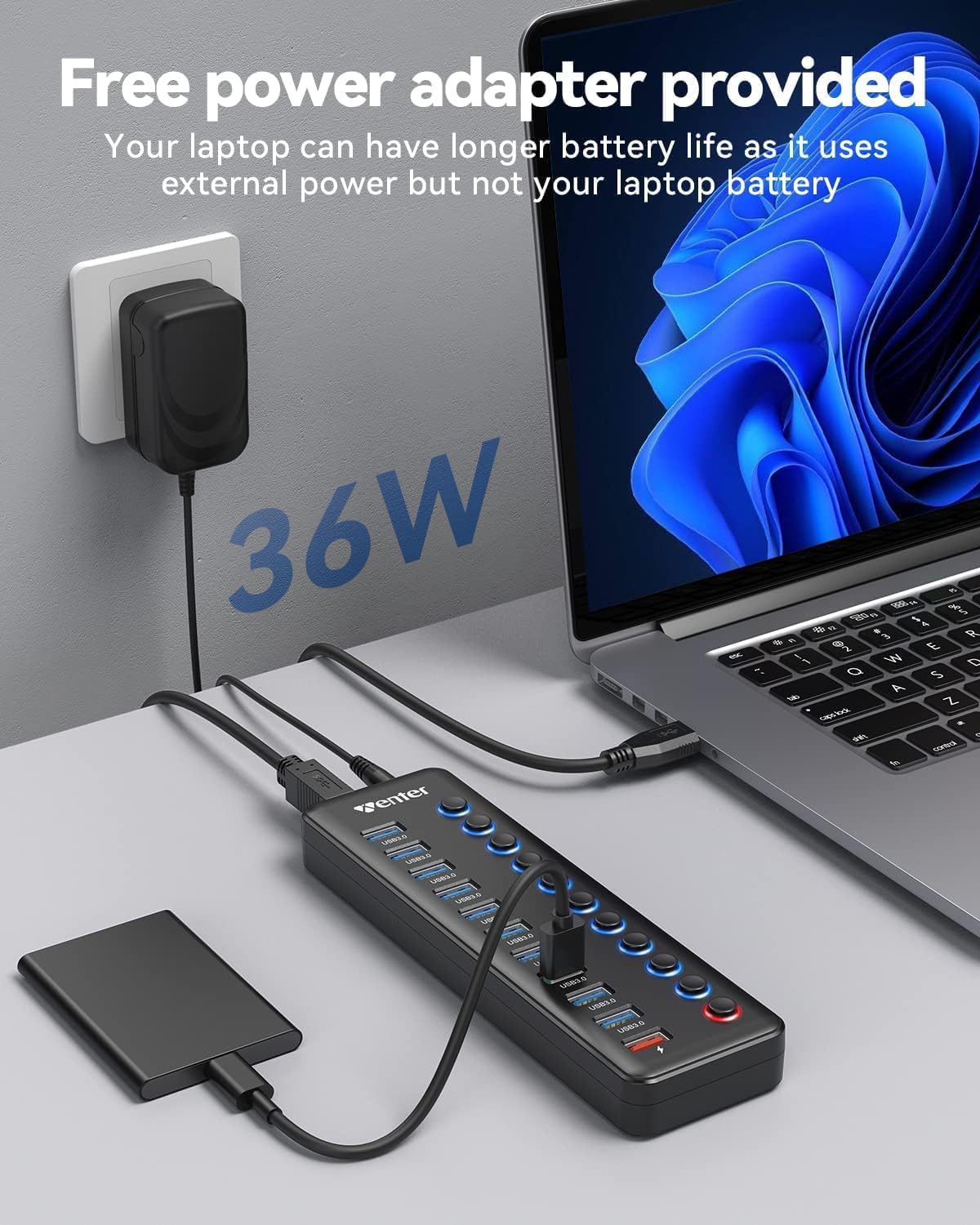 Hub USB Powered, hub splitter USB a 11 porte (10 porte di trasferimento dati e 1 porta di ricarica intelligente) con switch LED On/Off, USB Hub 3.0 alimentato con adattatore di alimentazione per Mac