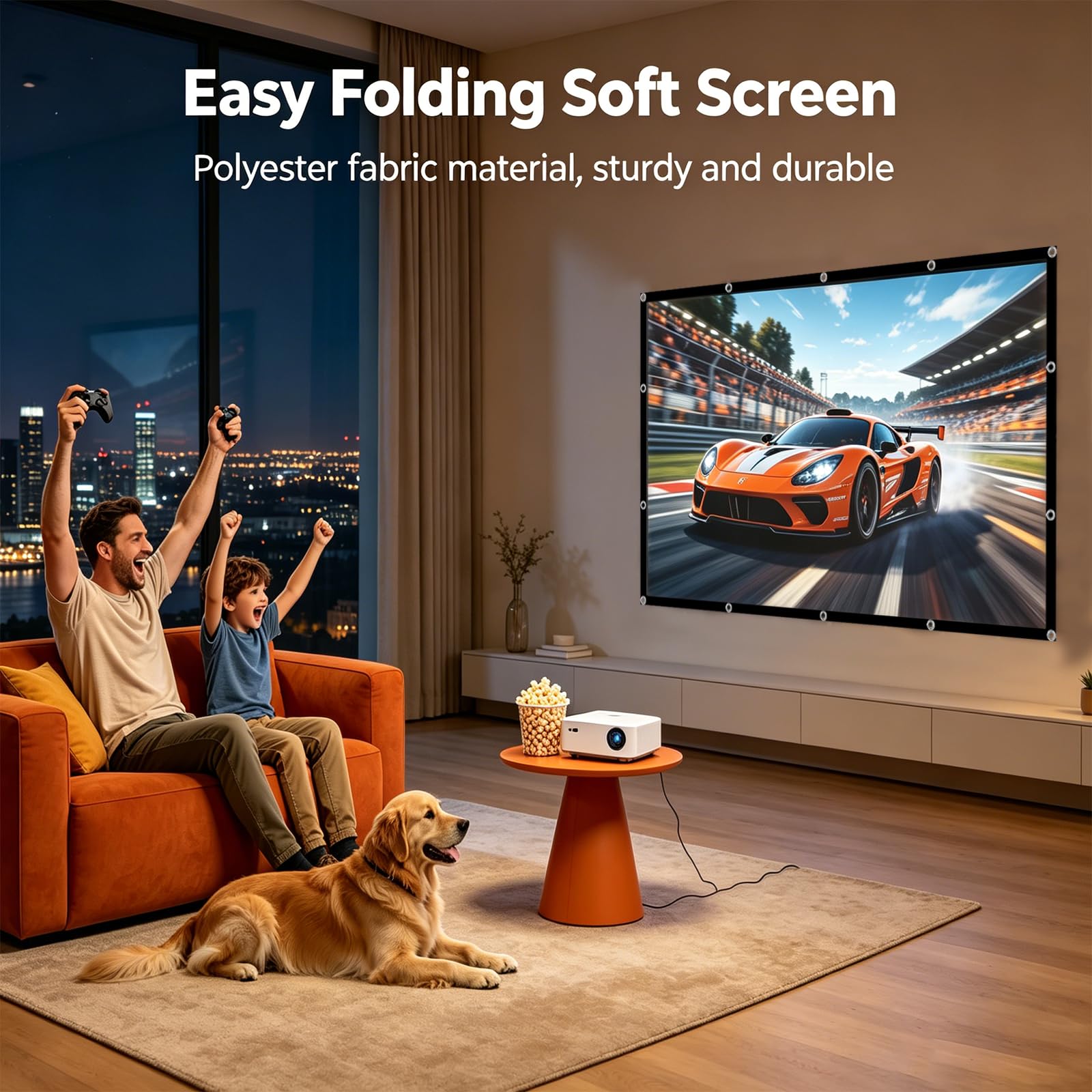 Schermo per proiettore pieghevole da 100", 16:9, double face, 4K, HD, con occhielli di fissaggio, ganci autoadesivi e corde da 5 m, portatile, lavabile, per home theater, ufficio, campeggio