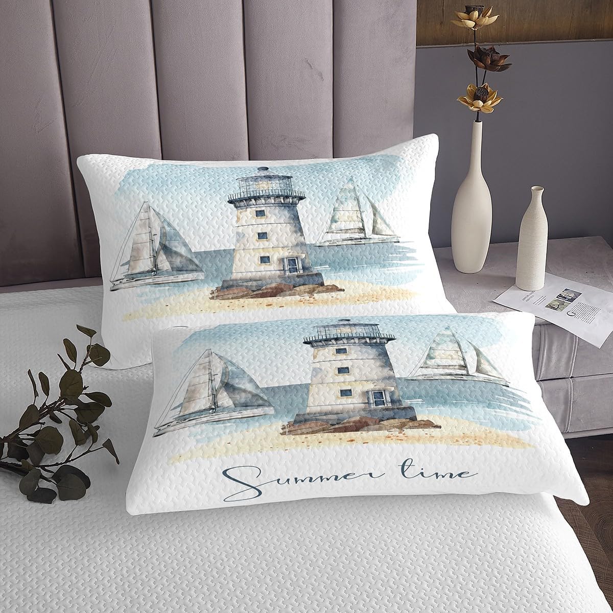 Erosebridal Nautical Bedspread Set Sailboat Lighthouse Quilt Set Watercolor Ocean Themed Coverlet Queen Summer Beach Bedding Set Decoratives 3pcs Sea Adventure Bedroom Decor, Luxury White Light Blue