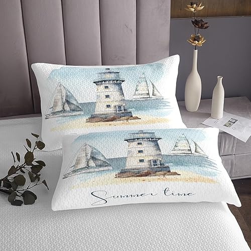 Miniatura 5 de Erosebridal Juego de colcha náutica, juego de cama de barco de vela, juego de ropa de cama con temática oceánica de acuarela, colcha individual de