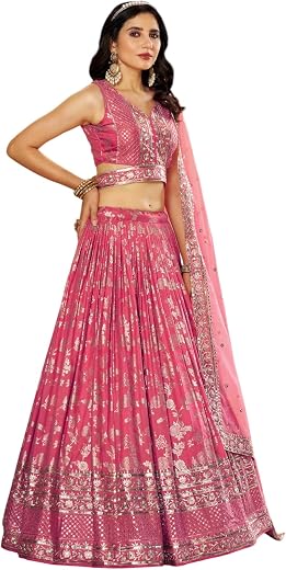 Zeel Clothing Women Dola Silk Semi stitched Sequins Zari Embroidered Jacquard Lehenga Choli With Dupatta (7100-Latest, Fre...