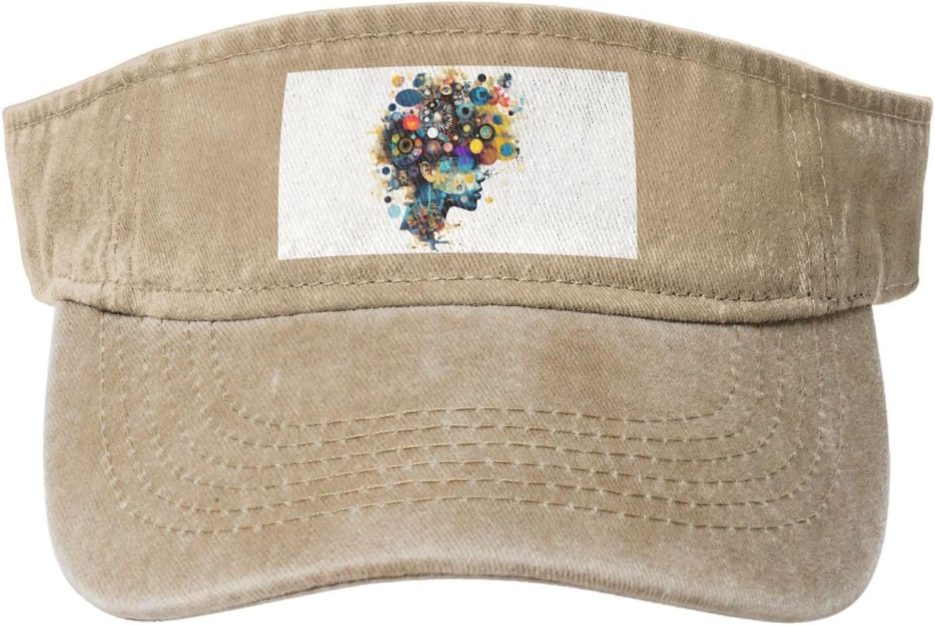 Artificial Intelligence Brain Print Washed Denim Empty Top Sun Cap, Adjustable Curved Brim for Men Women Outdoor
