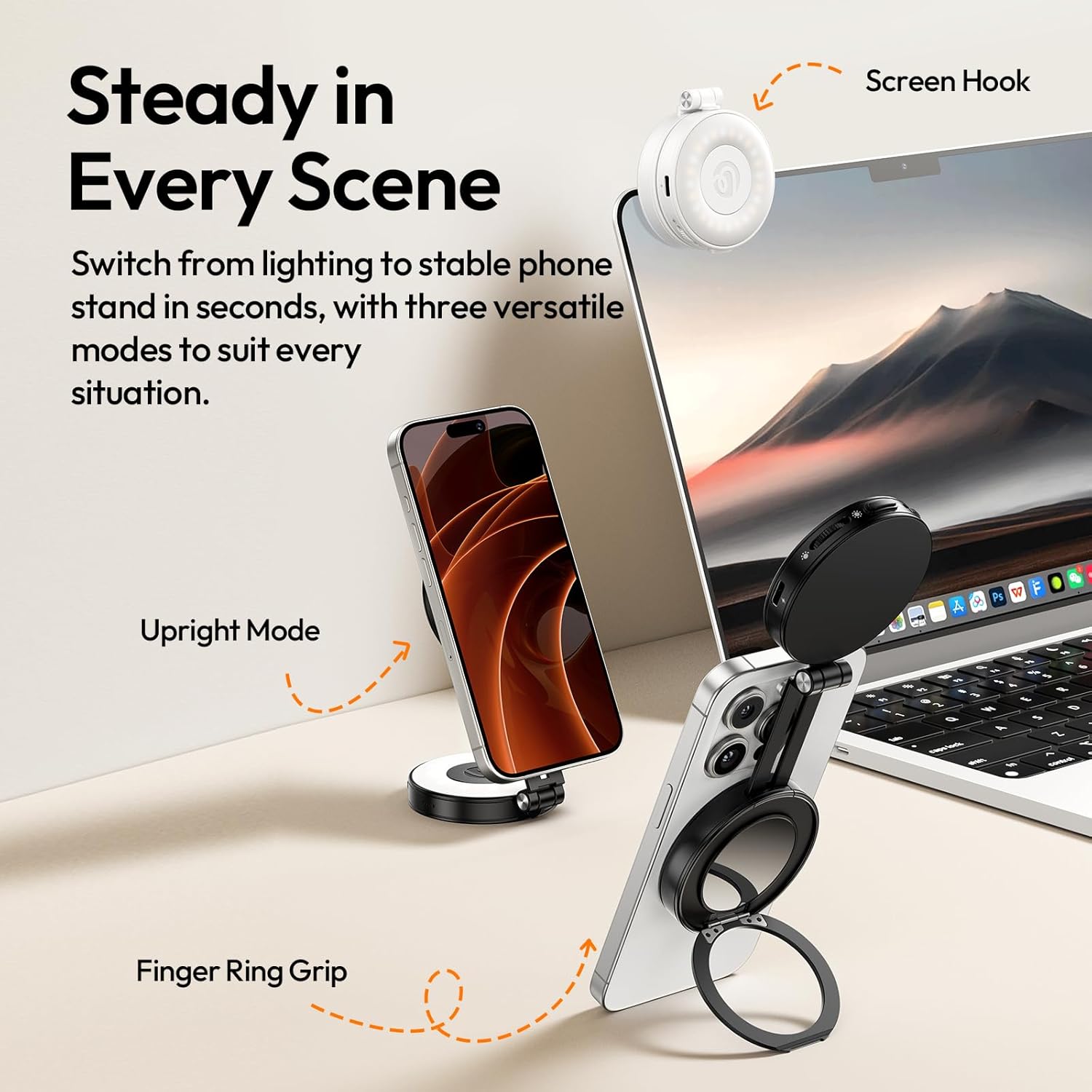 ULANZI LM23 Magnetic Selfie Light used as a phone stand and attached to a laptop screen