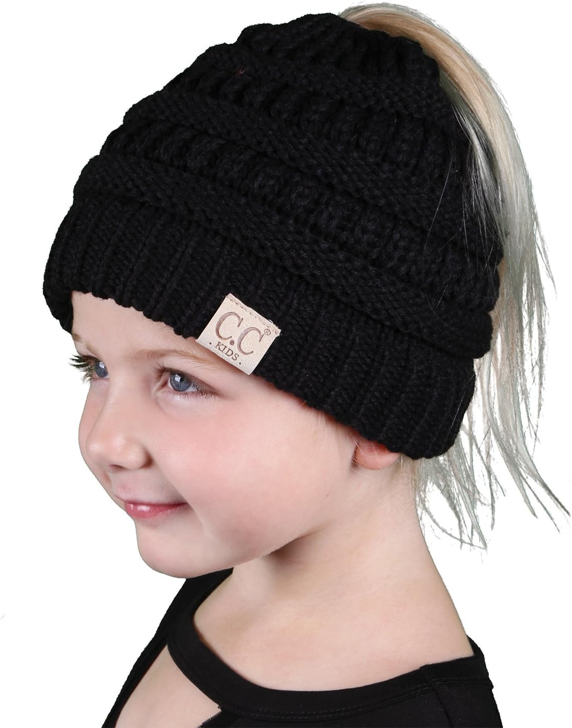 Funky Junque Matching 3 Pack Kids Messy Bun Ponytail Knit Hat, Infinity Scarf & Lined Mittens - Black