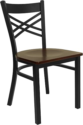 Flash Furniture HERCULES Series Black ''X'' Silla de restaurante de metal con respaldo  Asiento de madera de caoba