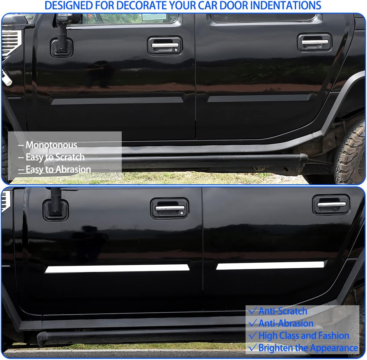 Body Side Door Molding Trim, Stainless Body Molding Insert Trim Kit Compatible with Hummer H2 2003-2009, Car Door Protector Kit, 4PCS (Flat Style)