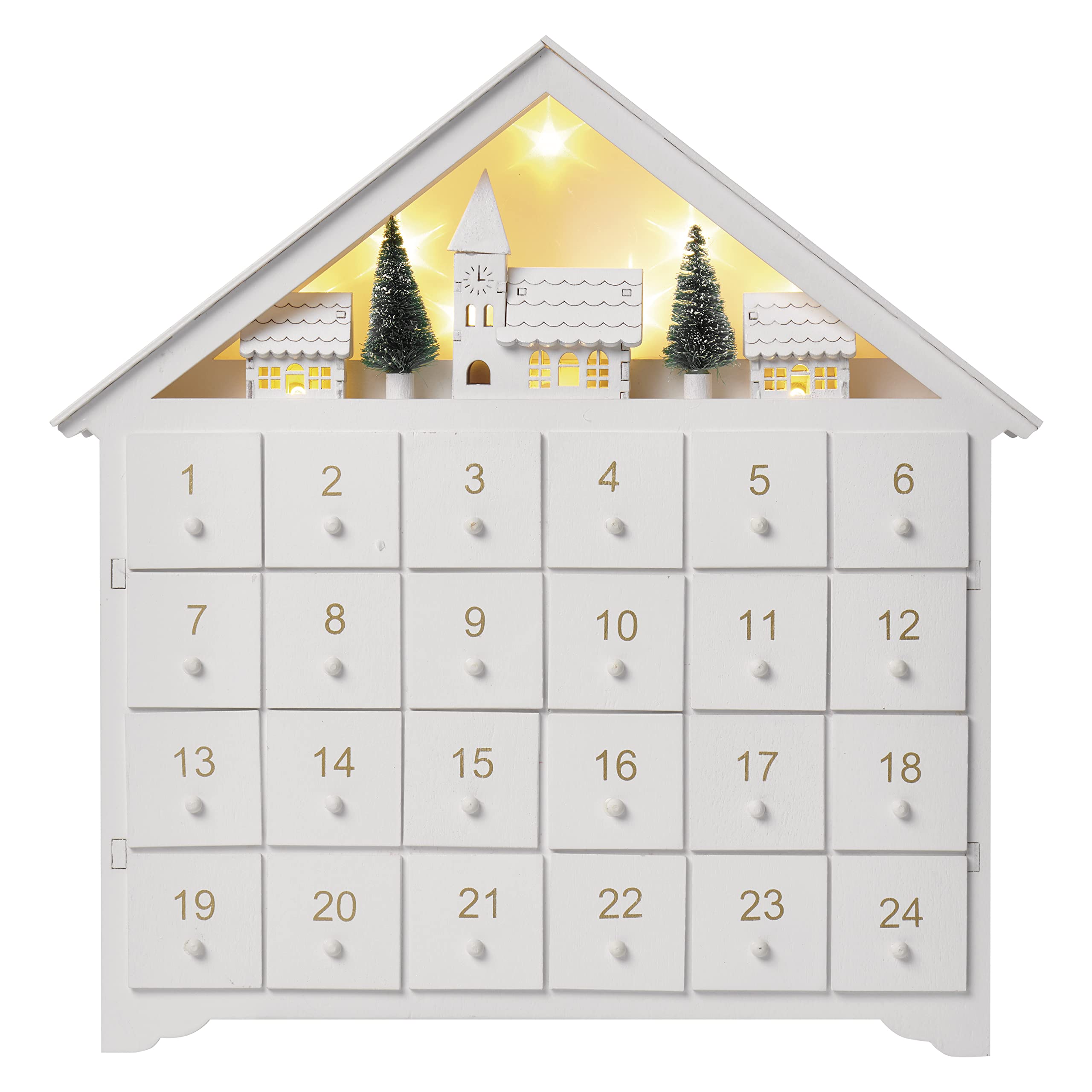 EMOS Calendario de Adviento luminoso de madera, con minicaja y pueblo de invierno, 8 ledes de luz blanca cálida, decoración navideña, IP20 para interiores, vida útil de 10.000 horas, temporizador de