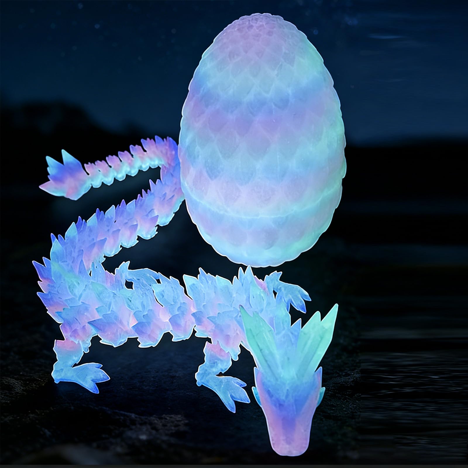 3D Printed Dragon in Egg Glow in The Dark Rainbow, Hatching Dinosaur Egg with Flexible Joints, Fantasy Decor for Home Office Desk, Stress Relief Toy Collectible