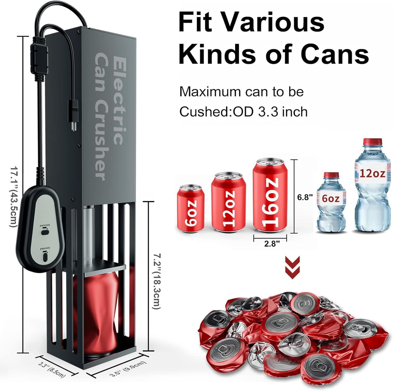 Electric Can crusher, 12oz&16oz Aluminum Can Crusher, Trash compactor, Heavy-Duty Smasher for Aluminum Seltzer, Soda Beer, Cola Cans and Plastic water bottle