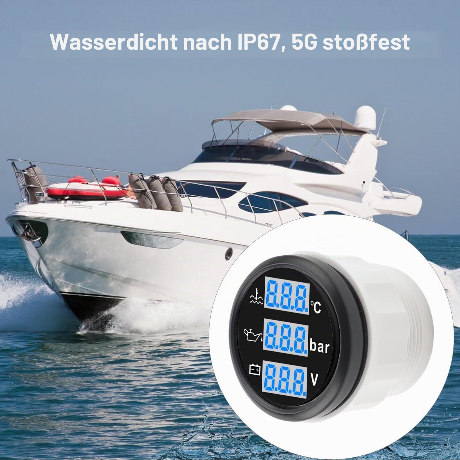 Digital Gauge, 52 mm 3 in 1 Bootsanzeige mit Wassertemperatur, Öldruck und Voltmeter, IP67 Dreifachmeter für Autos, Lastwagen, Wohnmobile und Motorräder (Black Dial Black Cover)