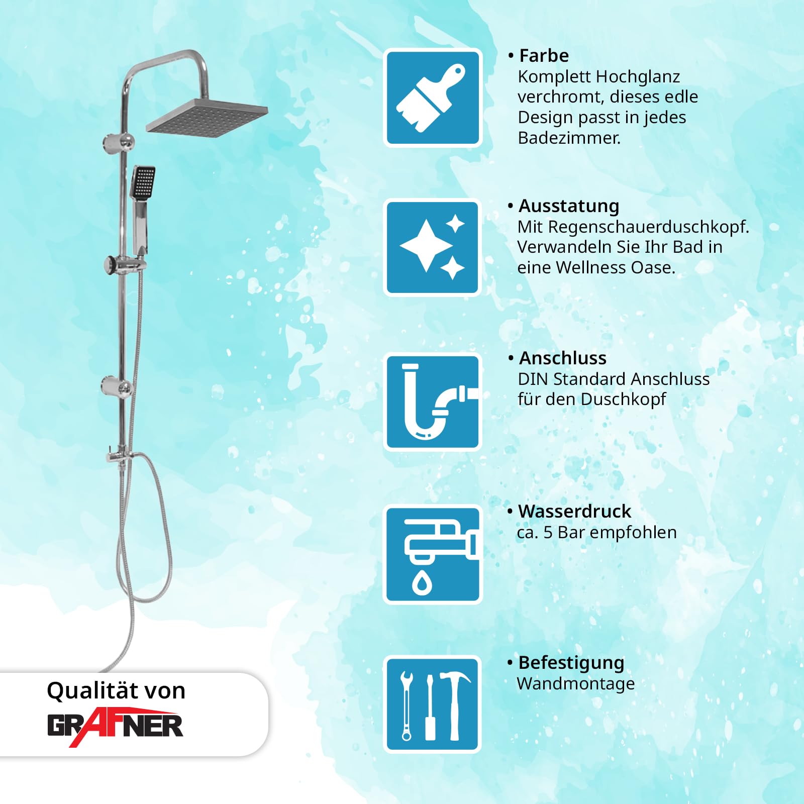 Grafner Regendusche im Set incl. Kopfbrause, Handbrause, Schlauch, Stange und Anschluss-Set Duschset Duschsystem Duschgarnitur eckig