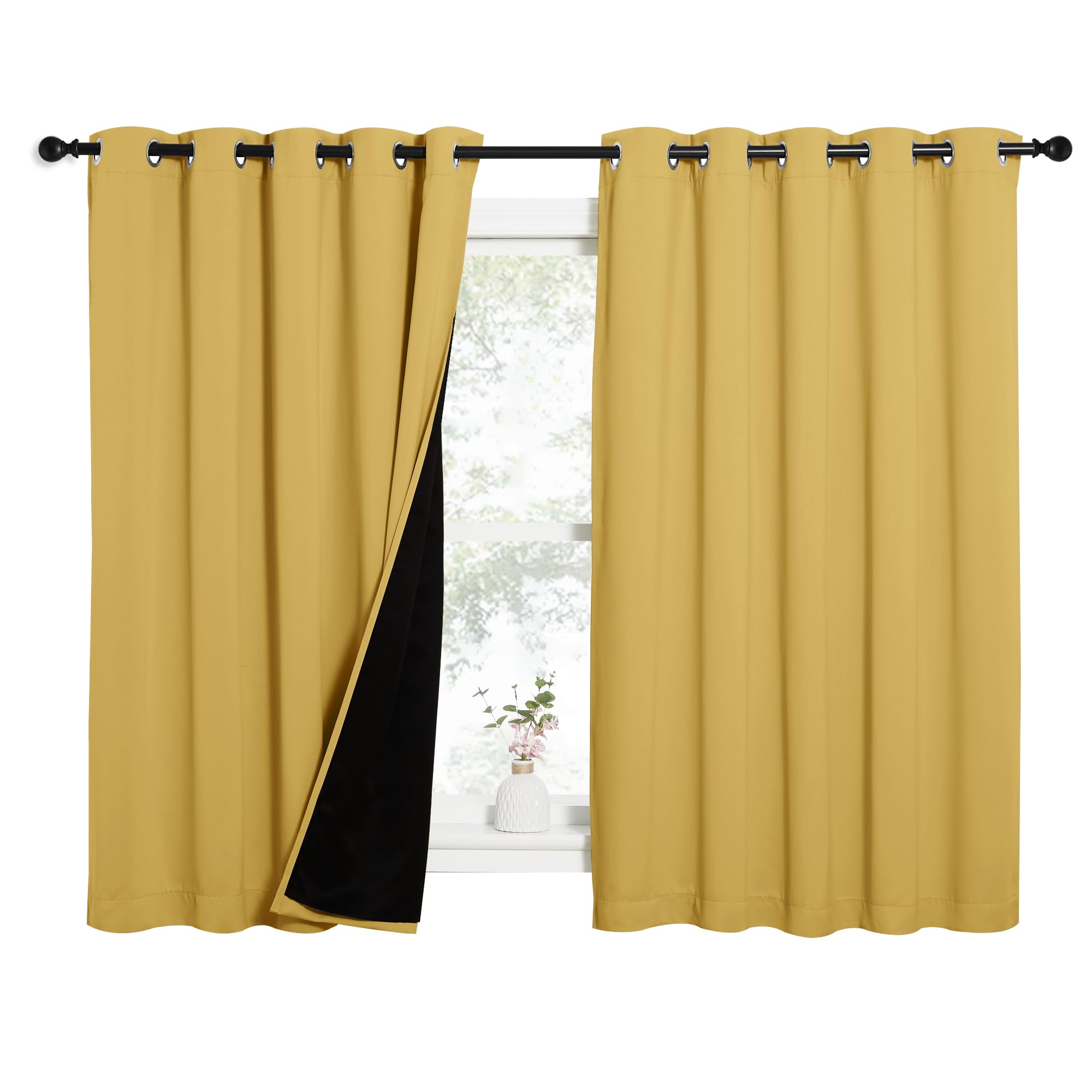 NICETOWN 100% Blackout Curtains with Black Liners, Thermal Insulated Full Blackout 2-Layer Lined Drapes, Energy Efficiency Window Drapes for Bedroom (Bright Yellow, 2 Panels, 62-inch W by 63-inch L)