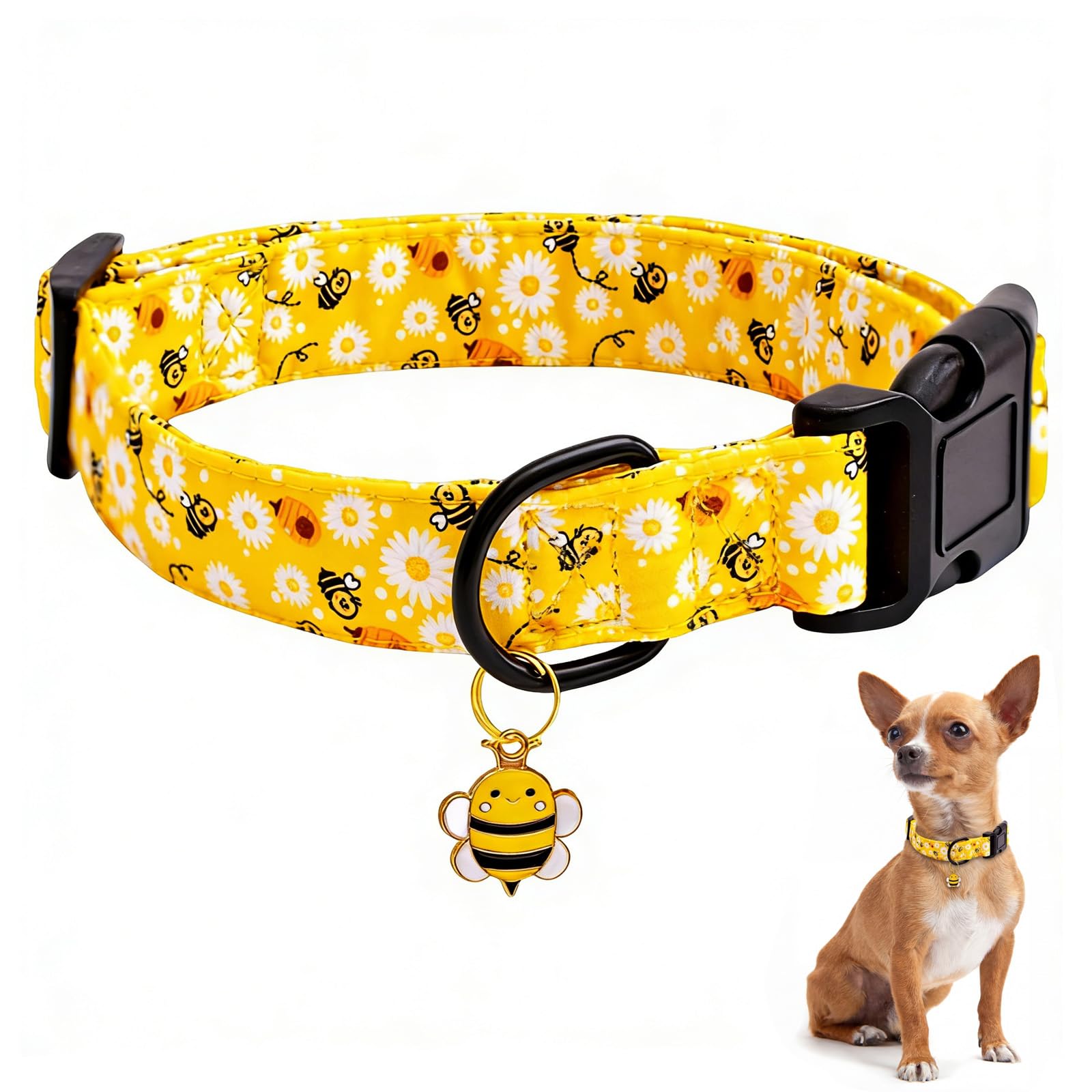 Adjustable Soft Dog Collar For Small Dogs, Yellow Bee Design