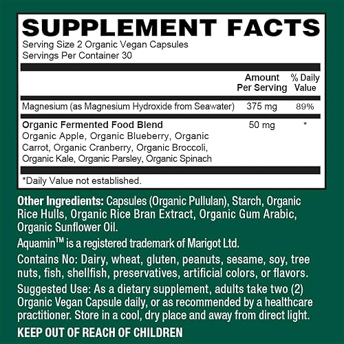 Miniatura 5 de PlantFusion Complejo de magnesio vegano de 375 mg de agua de mar, magnesio marino biodisponible con mezcla de alimentos integrales orgánicos