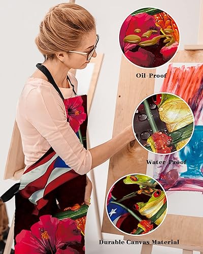 Miniatura 4 de Delantales de cocina con bandera de Puerto Rico con bolsillos, impermeables, diseño de flores florecientes, delantales de chef ajustables para