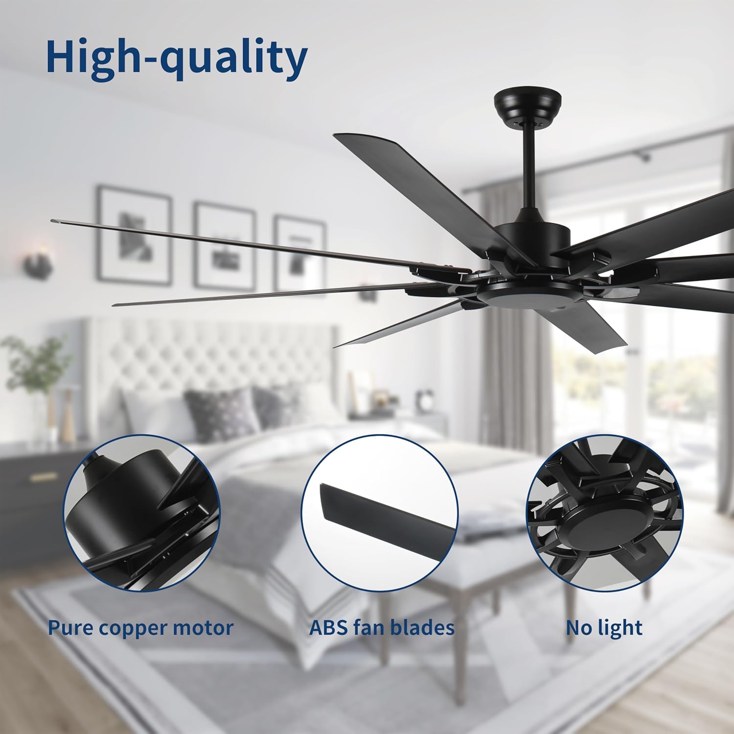 75 Inch Industrial DC Motor Ceiling Fan no light, Large Ceiling Fan with 8 Reversible Blades, 3 Downrods, 6-Speed Remote Control, Home or Commercial Ceiling Fans for Porch/Garage/Shop, Black